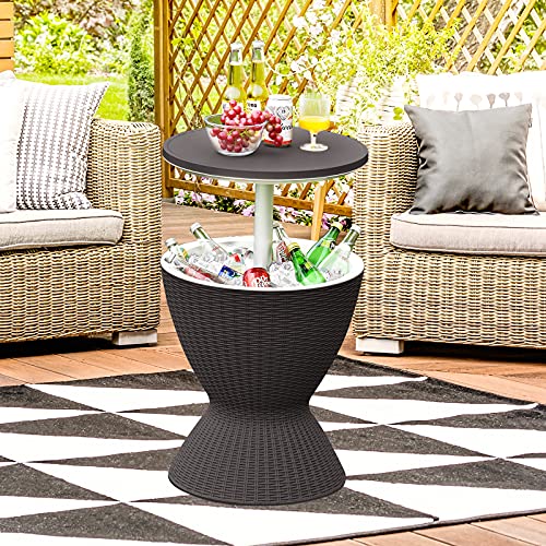 Tangkula Outdoor Cool Bar Table, Rattan Patio 8 Gallon Beer and Wine Cooler, All-Weather Ice Bucket w/Height Adjustable To...
