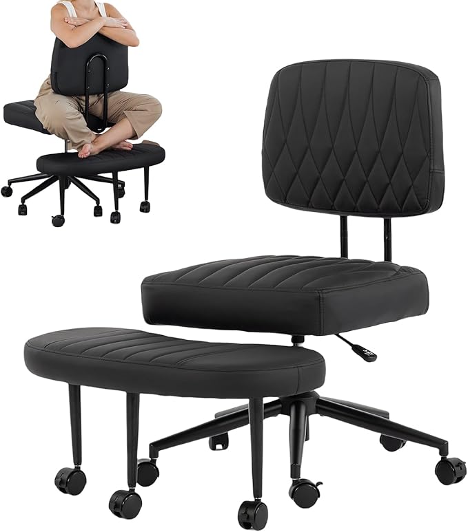 Ergonomic Cross Legged Office Chair with Wheels, Wide Seat and Backrest for Meditation, ADHD Cross Legged Office Chair with Adjustable Height, 360°Rotating Footrest for Yoga Home Office