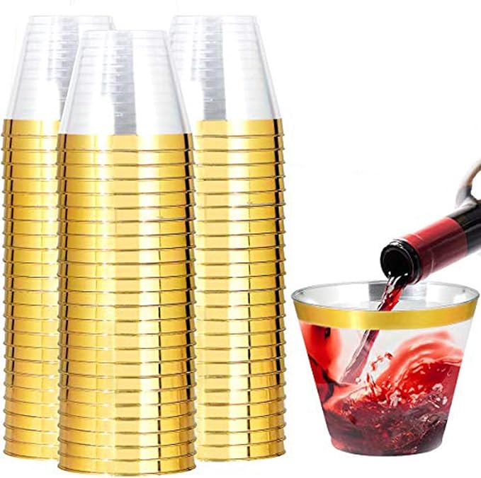 I00000 200 Pack Gold Plastic Cups, 9 Oz Elegant Clear Plastic Cups Gold Rimmed Disposable Wine Glasses Fancy Disposable Pa...
