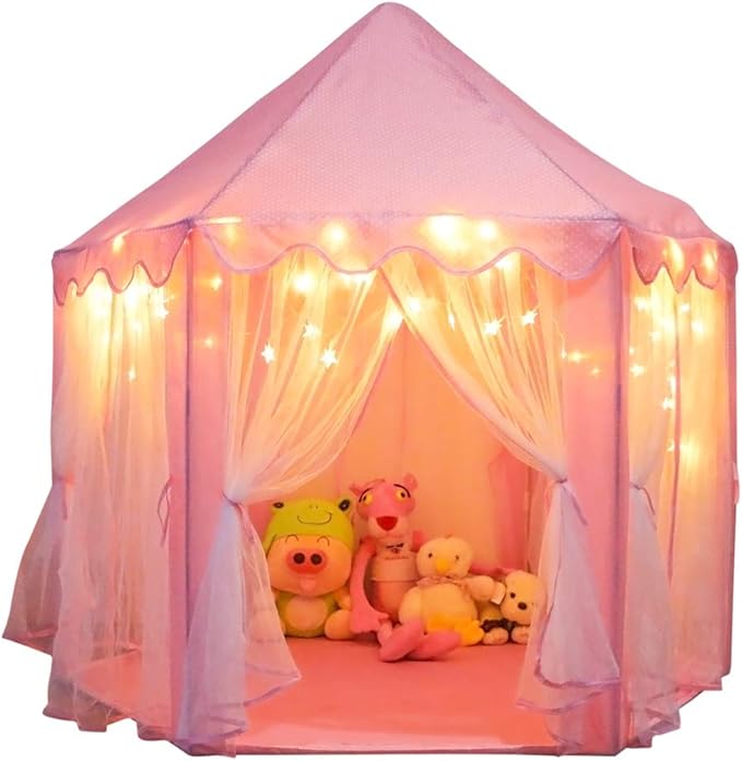 ORIAN Princess Castle Play Tent for Girls, LED Star Lights, Indoor & Outdoor Playhouse, Polyester, Pink, 55" x 53", Toddle...