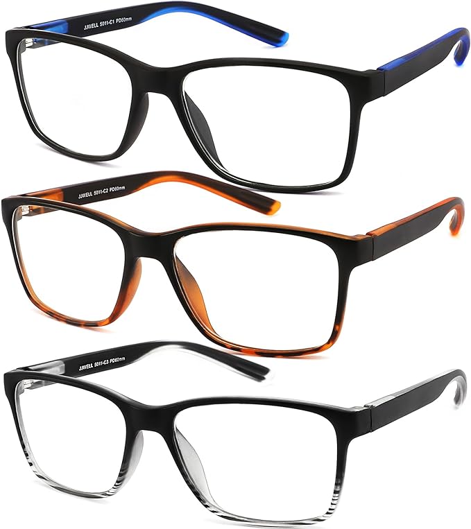JJWELL 3 Pack Reading Glasses for Men Blue Light Blocking with Spring Hinge, Anti Eyestrain/Dryness/UV Large Wide Square R...