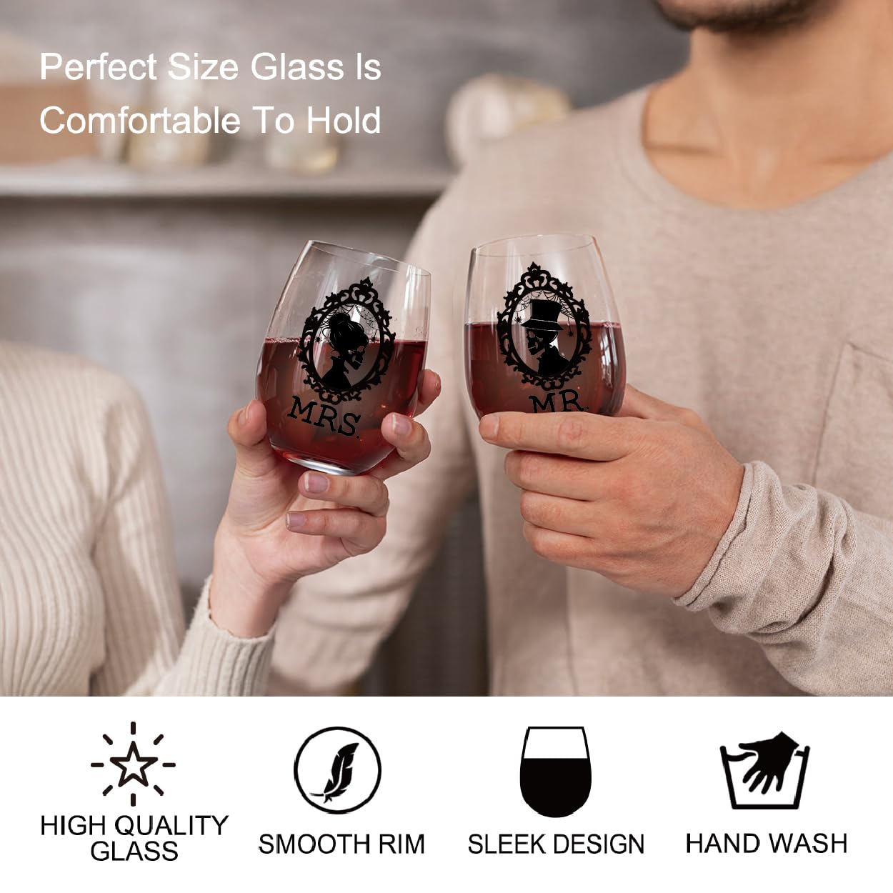 Perfectinsoy Skull Wine Glass 2 Piece with Gift Box, Zombie Design, Valentine's Day Autumn Halloween, Anniversary Wedding Gifts, Couple Gifts for Boyfriend and Girlfriend. (Mrs Mr Set of 2)