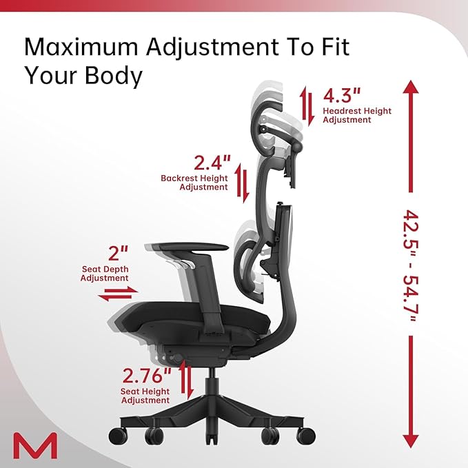 Motostuhl S3P Ergonomic Office Chair with High-Density Foam Seat & VTS Sliding Backrest - High Back Desk Chair with 150° Recline, 3D Cantilever Headrest, Adaptive Lumbar Support for Home Office