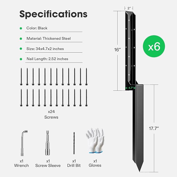 VIVOSUN Fence Post Repair Kit, Heavy-Duty Ground Spike with Gloves for Repairing Tilted or Broken Wood Posts (6 Pack, Black)