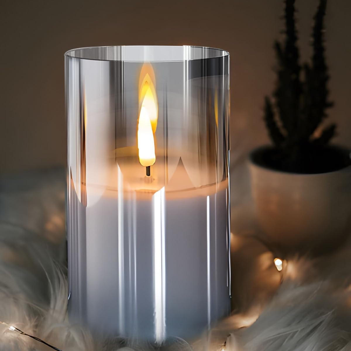 Gray Glass Flameless Candles Flickering with Remote, Timer, Battery Operated Moving Wick Realistic Warm Light Real Wax LED Candles for Party, Wedding, Festival Tabletop Decoration - Set of 3