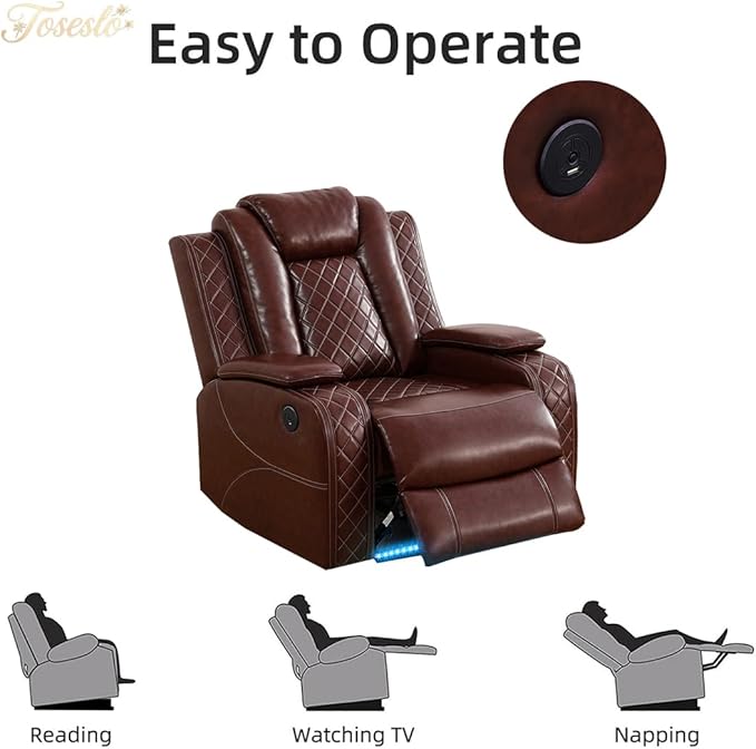 Toseslo Power Recliner Sofa Set with LED Light,Living Room Furniture Sets,Brown Leather Sofa and 2 Chairs Set, Modern Power Reclining Sets with Cup Holder/Storage Console for House