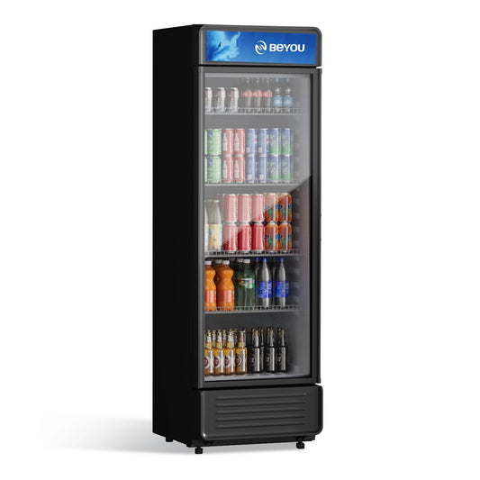 BEYOU Commercial Beverage Refrigerator, 12.2 cu. Ft Upright Display Merchandiser with single Glass Door, Drink Cooler for Living Room,Bar,Garage（Black）