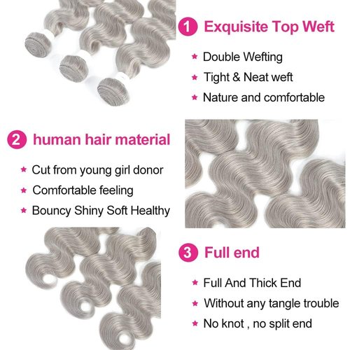Giginger Bundles Human Sliver GREY 16 18 20 inch Body Wave Human Hair Bundles Unprocessed Quick Weave Soft Sewn In Hair Extensions for Black Women