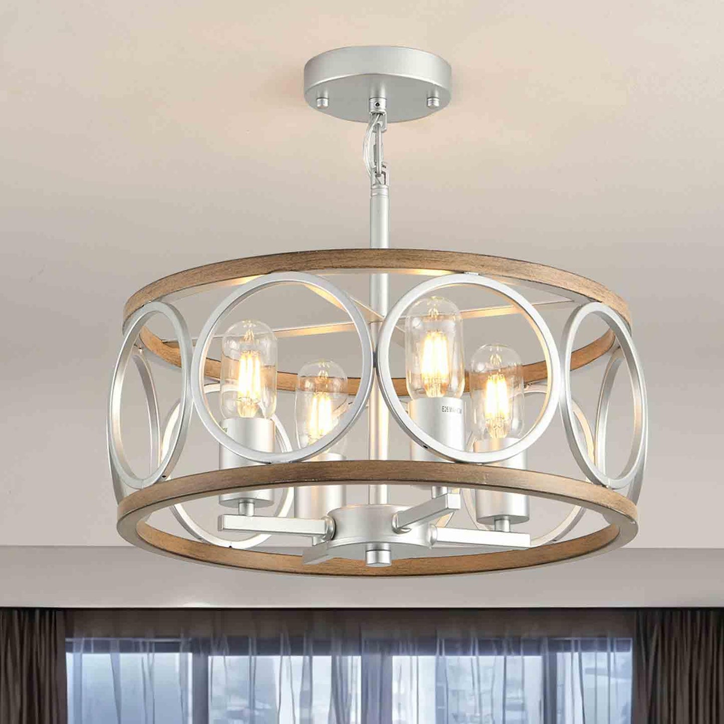 Guang Shuo Light Fixture Ceiling Mount,4-Light Farmhouse Metal Semi Flush Mount Ceiling Light Fixture 15.7" (Silver),Rustic Chandeliers for Living Room Bedroom Dining Room Entryway Hallway Kitchen