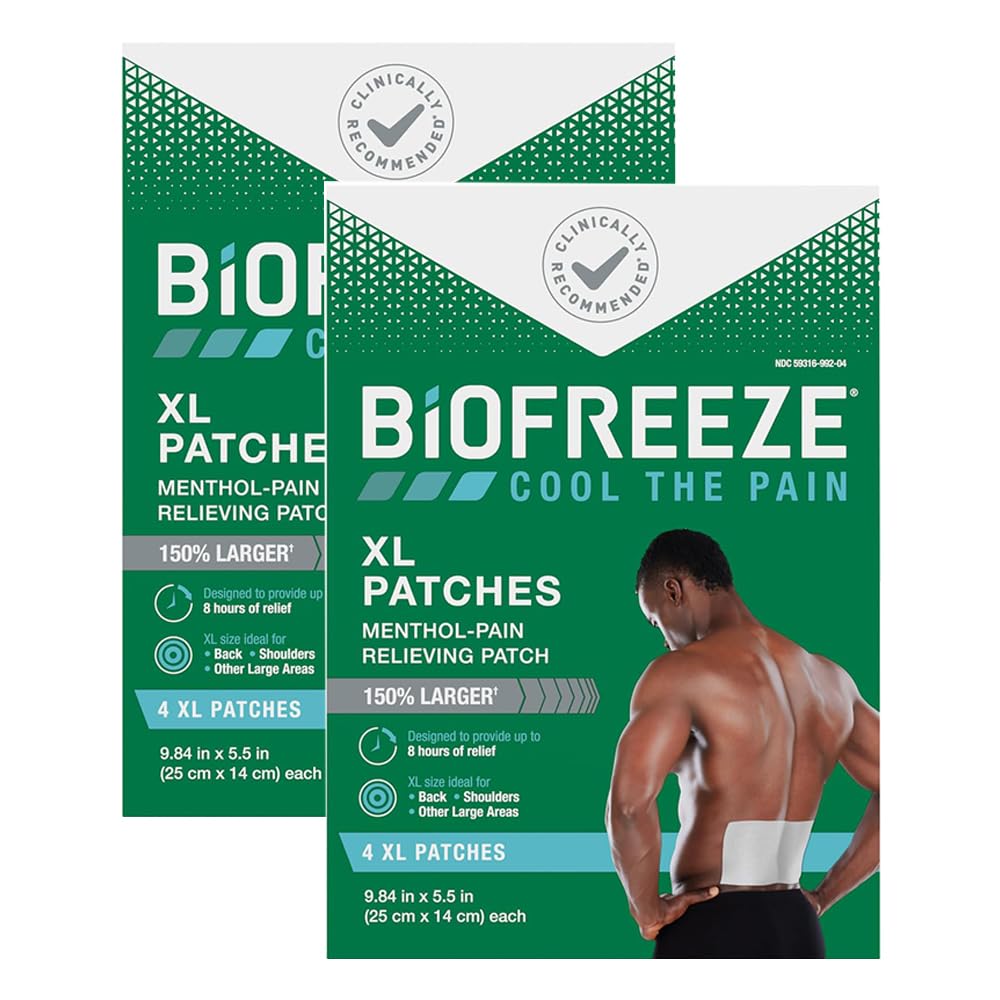 Biofreeze XL Pain Relief Patch, Menthol Pain Patches for Lower Back Pain Relief, XL Patches Ideal for Back & Shoulder, Comfortable & Flexible Fabric Stays, FSA Eligible, 4 ct - Pack of 2