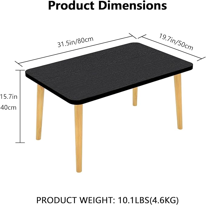 Funecy Coffee Table Low Table with Solid Wood Sturdy Legs, Floor Table Desk for Sitting on The Floor, Storage and Living Room Furniture (Black-Square)
