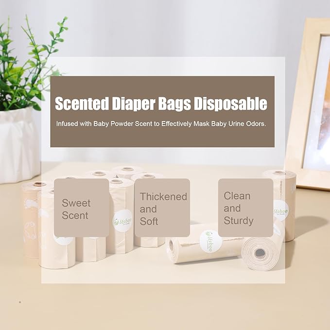 Diaper Bags Disposable for Baby, Biodegradeable Dirty Diaper Bags (8 Refill Rolls/120 Bags) with Dispenser, Leak Proof Diaper Trash Bags, Baby Poop Bags, Lavender Scent