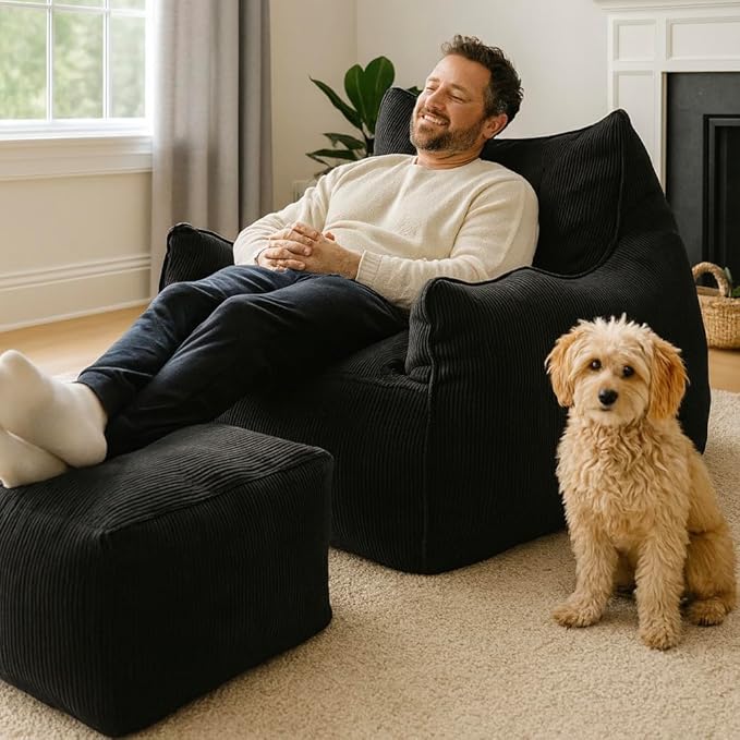 YOURLITE Bean Bag Chair for Adults with Footrest, High-Resilience Foam Filled Bean Bag Sofa with Armrests and Backrest, Comfy Corduroy Floor Sofa for Living Room, Bedroom or Balcony (Dark Grey)