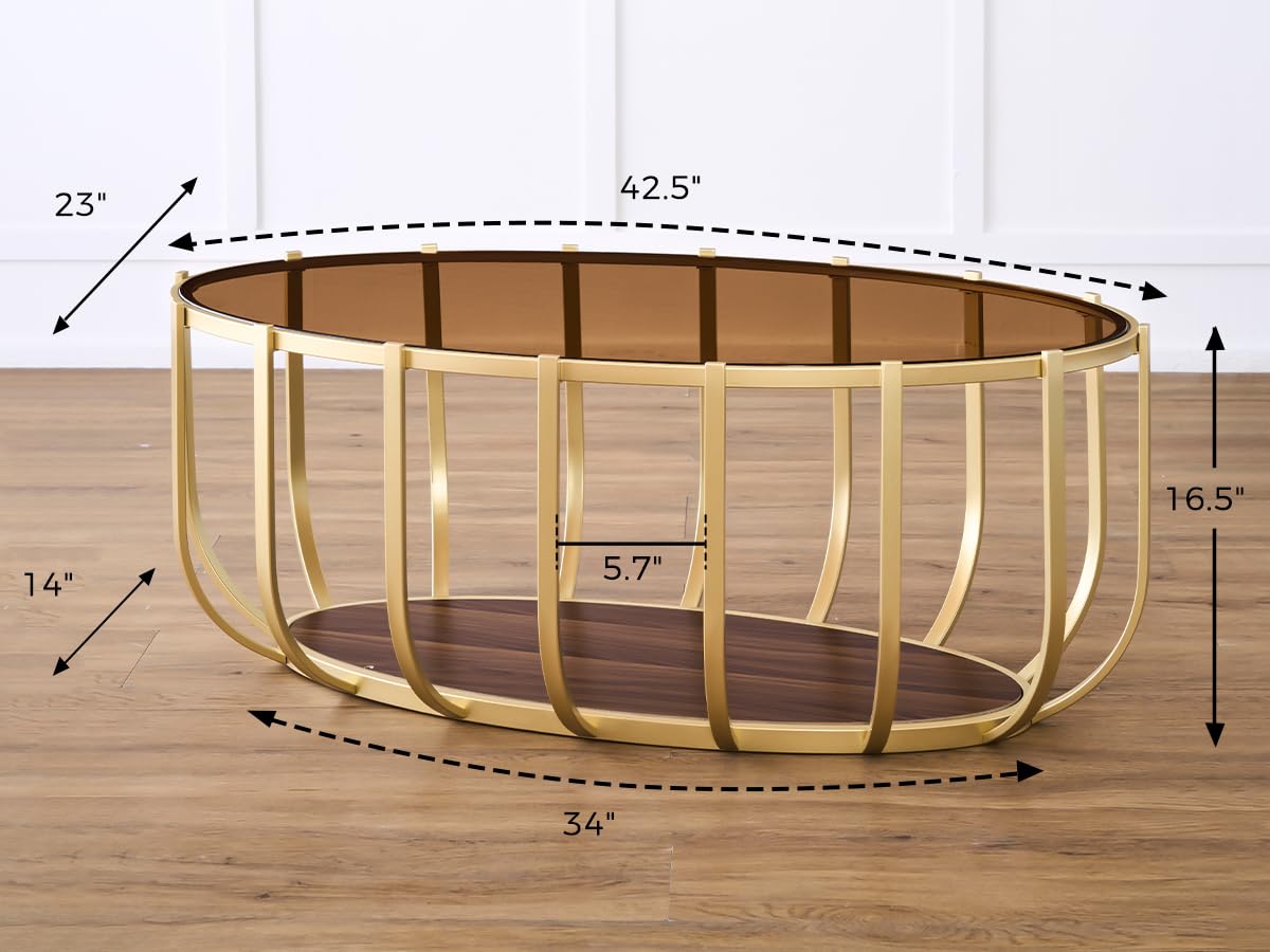 AGV LIGHTING Oval Glass Coffee Table with Gold Metal Frame, Modern Glam Glass Coffee Table, Amber Tempered Glass Top with Lower Walnut Shelf, Modern Gold Coffee Table for Living Room