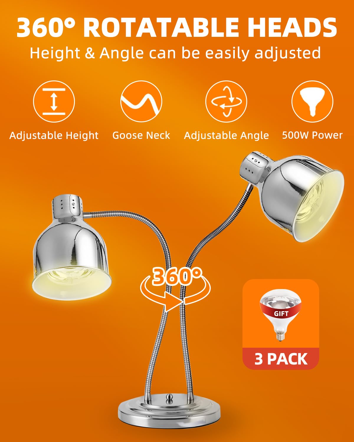 RVGMBO Food Heat Lamp - [3 Bulbs Included] [Rapid-Heating], 500W Commercial Food Warmer Light, Heat Lamp for Food, Catering Warming Lamp for Buffet Parties, Polished Silver,N2