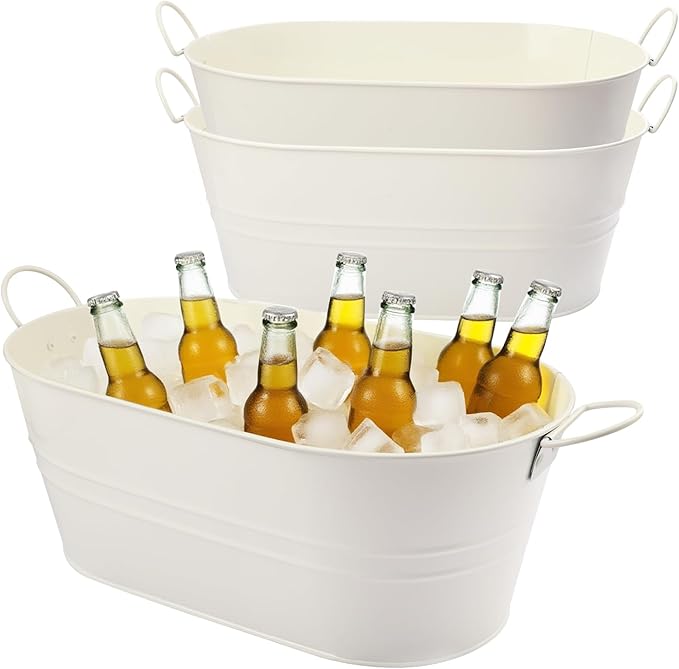 Biugaaufai 3 PCS 15.3 x 9 x 6 inches White Metal Galvanized Tub with Handles, 3 Gallon Galvanized Beverage Tubs for Partie...