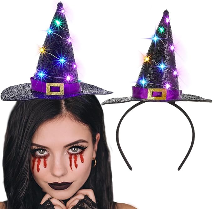 Firuilo Light Up Halloween Headband Glowing Witch Hat Headbands Day of the Dead Headpieces Halloween Costume Dress Up Part...