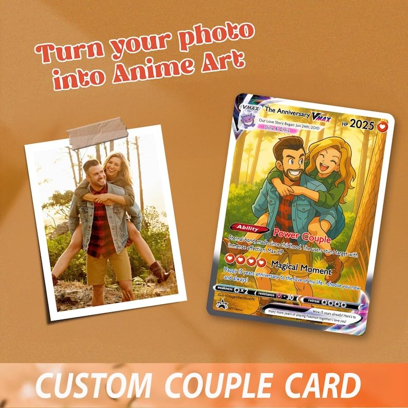 Personalized Poke Card Anniversary Card - Custom Photo Anime Wedding Card, Custom Card for Couple, Gift for Him