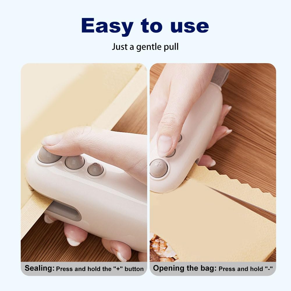 Mini Bag Sealer, 2025 Upgraded 2 in 1 Sealer with Cutter and Magnet, USB Rechargeable Chip Bag Heat Seal, Portable Handheld Resealer Machine for Plastic Bags Snack Bags Food Storage (1, White)