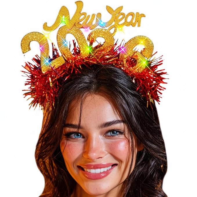 TWINKLEDE Sparkly 2026 New Year Eve Headband Led Happy New Year Party Hair Accessories for Women (Gold, One Size)