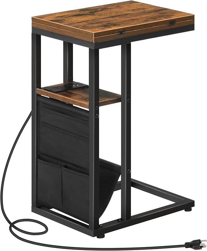 HOOBRO Foldable End Table with Charging Station, C Shaped Side Table with Storage Bag, Slide Under Sofa Couch Table for Sm...