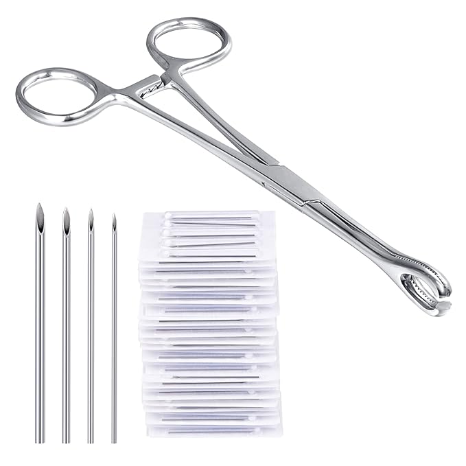 DJCIW Piercing Metal Clamps Forceps with 20Pcs Piercing Needles Surgical Stainless Steel Piercing Clamps for Belly Nipple Tragus Tongue Ear Piercing