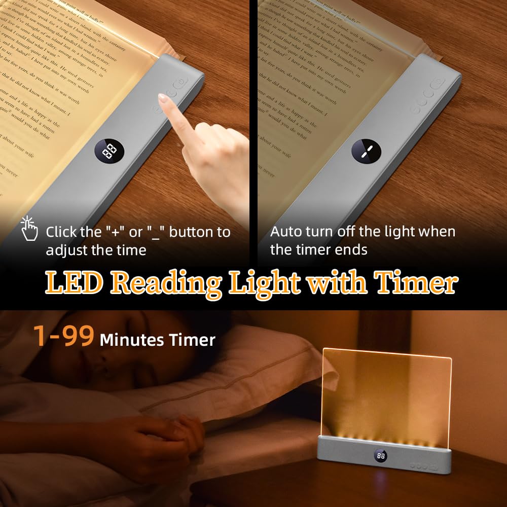 Book Light, Rechargeable Clear LED Flat Book Lights for Reading in Bed at Night with 3 Colors & Timer, Dimmable Panel Plate Book Lamp Full Page Light, Bookish Gifts for Women Readers Kids Book Lovers