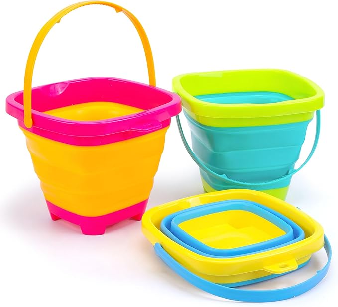 Shindel 3Packs Foldable Pail Bucket, 2L Silicone Collapsible Beach Toys Bucket for Kids, Multi Purpose for Fun Summer Acti...