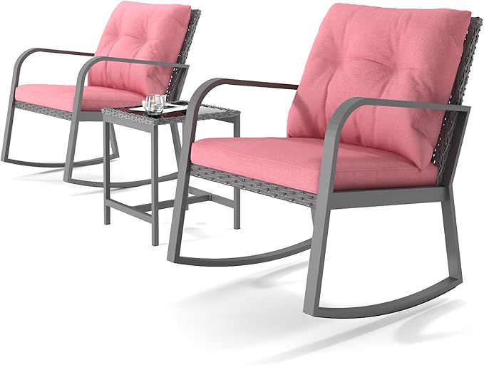 HLNPTN 3 Piece Rocking Bistro Patio Set, Outdoor Rocking Chair, Outdoor Bistro Sets Wicker Patio Furniture Rocking Chairs Sectional Couch with Tempered Glass Top Coffee Table & Cushions, Red