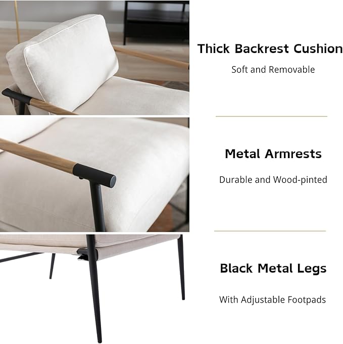HEAH-YO Modern Accent Chairs Set of 2, Upholstered Living Room Chairs with Backrest and Metal Legs, Comfy Armchairs Side Chairs for Bedroom, Beige