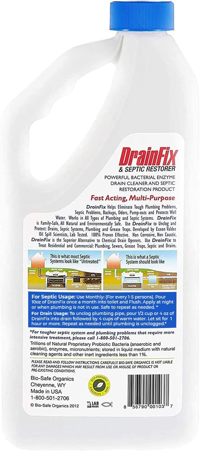 DrainFix & Septic Restorer – 32 oz Enzyme Septic Tank Treatment & Drainfield Restoration – Organic Drain Cleaner for Sewer Lines, RV & Home Plumbing – Safe for Pipes & Septic Systems