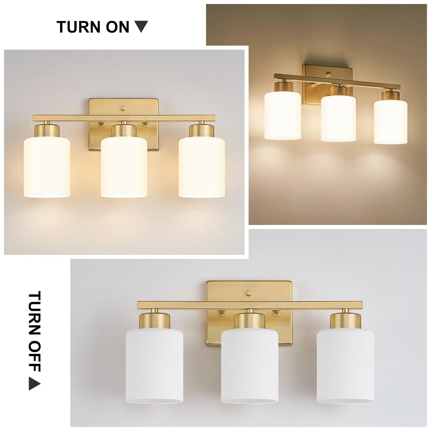 FonmYim Gold Bathroom Light Fixtures, 3-Light Modern Vanity Light Over Mirror, Wall Sconces with Milky White Frosted Glass Shades, E26 Socket (Bulbs Not Included)