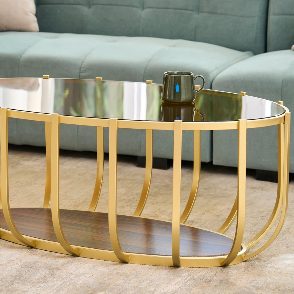 AGV LIGHTING Oval Glass Coffee Table with Gold Metal Frame, Modern Glam Glass Coffee Table, Amber Tempered Glass Top with Lower Walnut Shelf, Modern Gold Coffee Table for Living Room