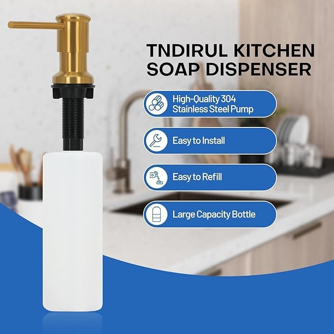 Gold Stainless Steel Soap Dispenser for Kitchen Sink, Brushed Gold Built in Pump Soap Dispensers, Sink Soap Dispenser or Lotion Dispenser Pump with Above The Sink Refillable 17OZ Large Liquid Bottle