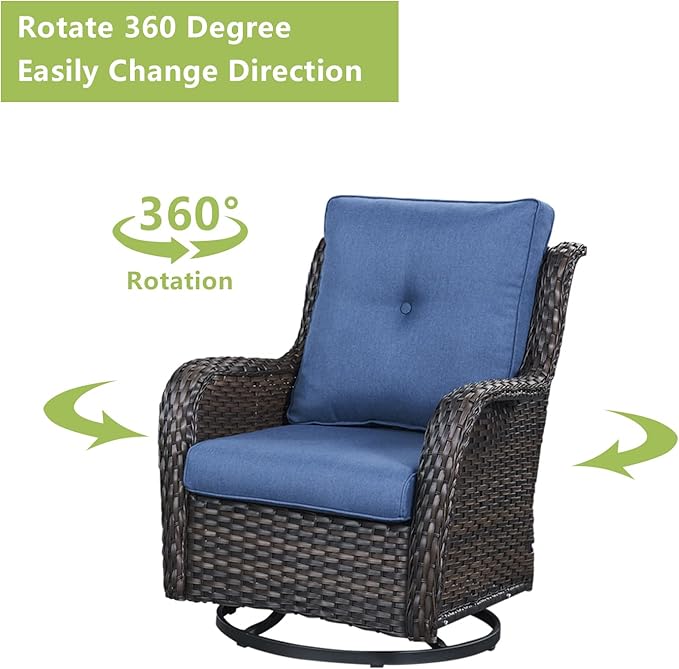 Rilyson Wicker Patio Furniture Set - 5 Piece Rattan Outdoor Sectional Conversation Sets with 2 Rocking Swivel Chairs,2 Ottomans and 1 Loveseat for Porch Deck Garden(Brown/Blue)