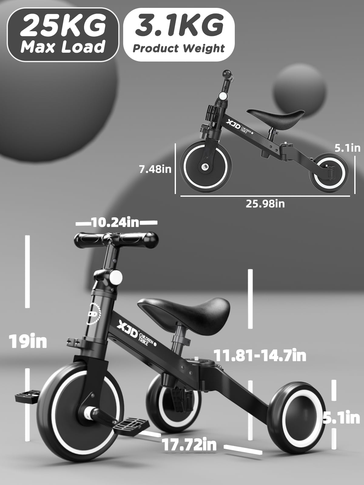 XJD 5 in 1 Toddler Bike, Tricycle for Toddlers 1-3 with Adjustable Seat Height, Removable Pedals, Ideal Balance Bike Birthday Gifts and Toys for Boys and Girls (Black)