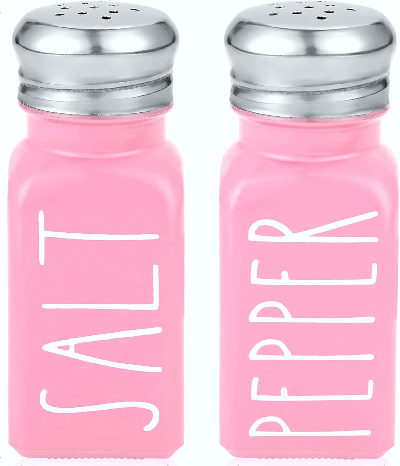 Pink Salt and Pepper Shakers Set by Brighter Barns - Modern Kitchen Decor and Accessories - Cute Glass Shakers - Vintage Decor for Home, Restaurants, Housewarming Gifts & Stainless Steel Lids (Pink)