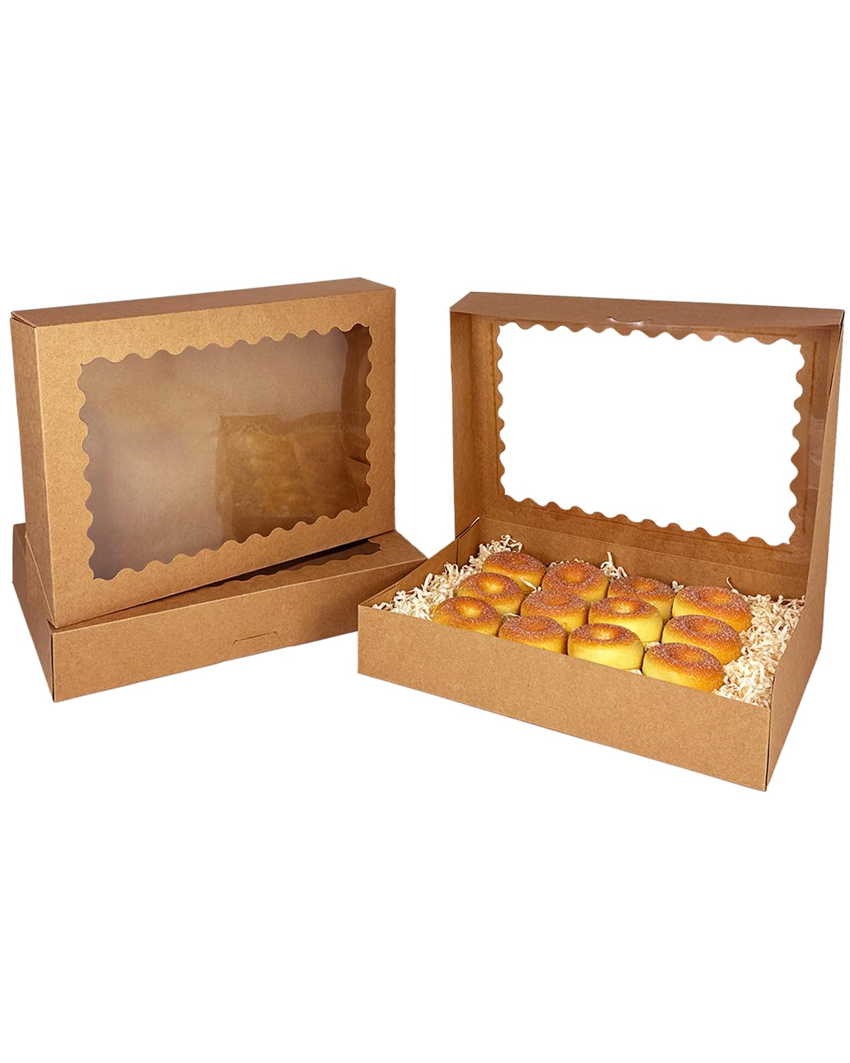 qiqee Auto-pop Up 14x10x2.5 Inch Brown Cookie Box with Window 15Pcs Pastry Macaron Bakery Box for Packaging