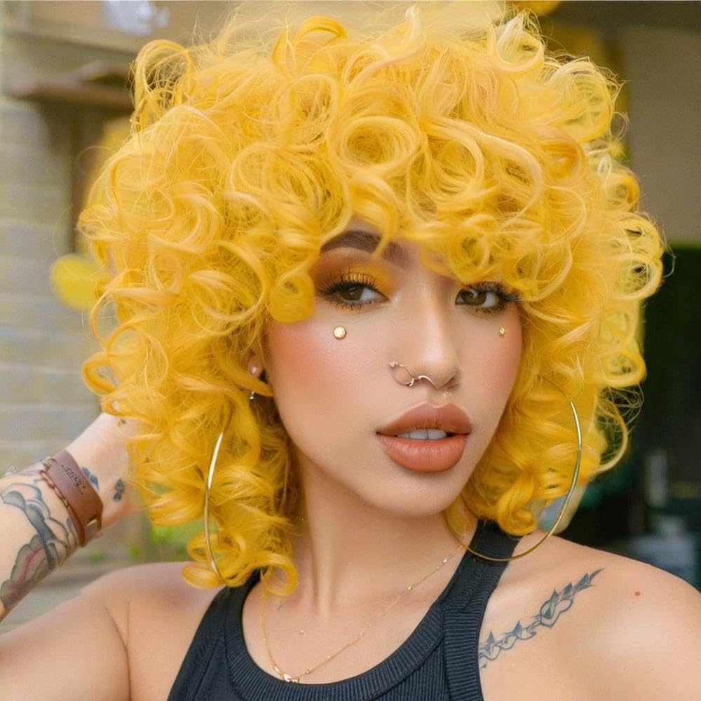 Lotfon Curly Wig for Black Women Full and Soft Gold Hoop Earring+2Wig Cap+Comb+2Beauty Blenders (Yellow)