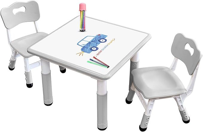 JIAOQIU Kids Table & Chair Set with Adjustable Toddler-Safe Non-Slip Legs, Activity & Graffiti-Proof Desktop Ages 3-12