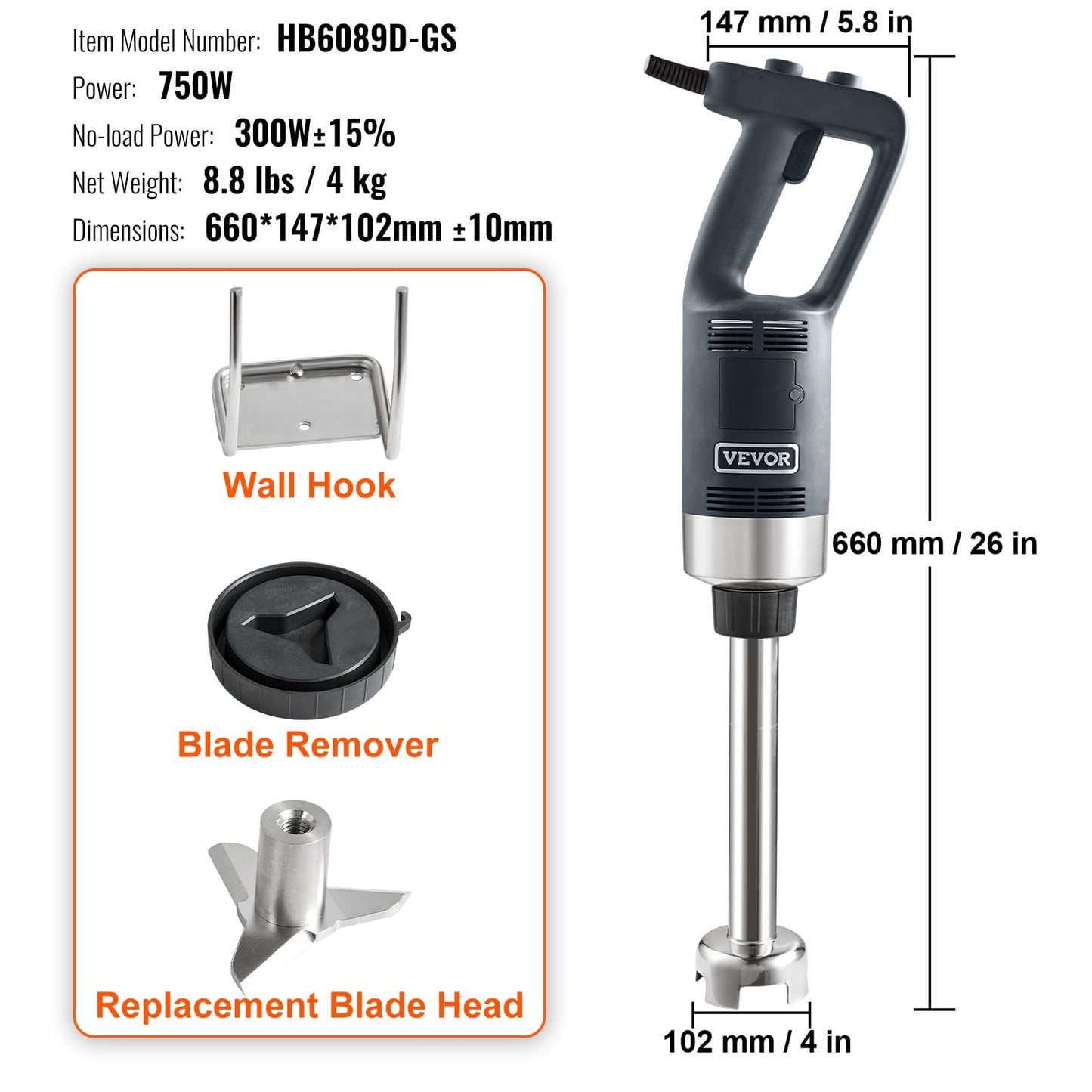 VEVOR Commercial Immersion Blender, 750W 12" Heavy Duty Hand Mixer, Variable Speed Kitchen Stick Mixer with 304 Stainless Steel Blade, Multi-Purpose Blender for Soup, Smoothie, Puree, Baby Food