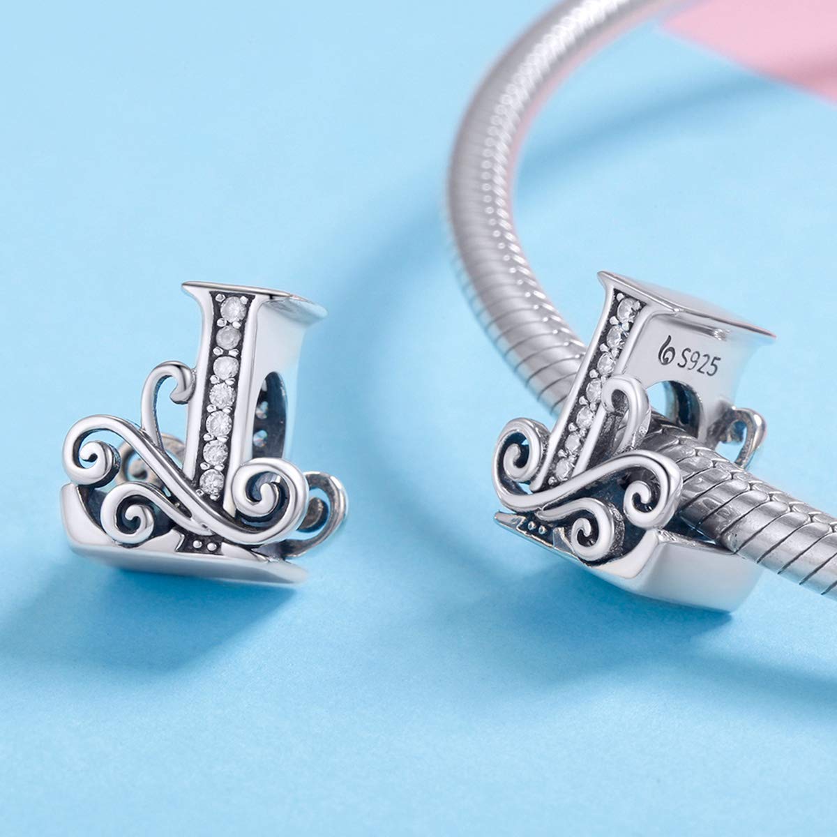 BISAER 925 Sterling Silver Initial Letter L Charms for Bracelets Alphabet Beads Charm Jewelry Gifts