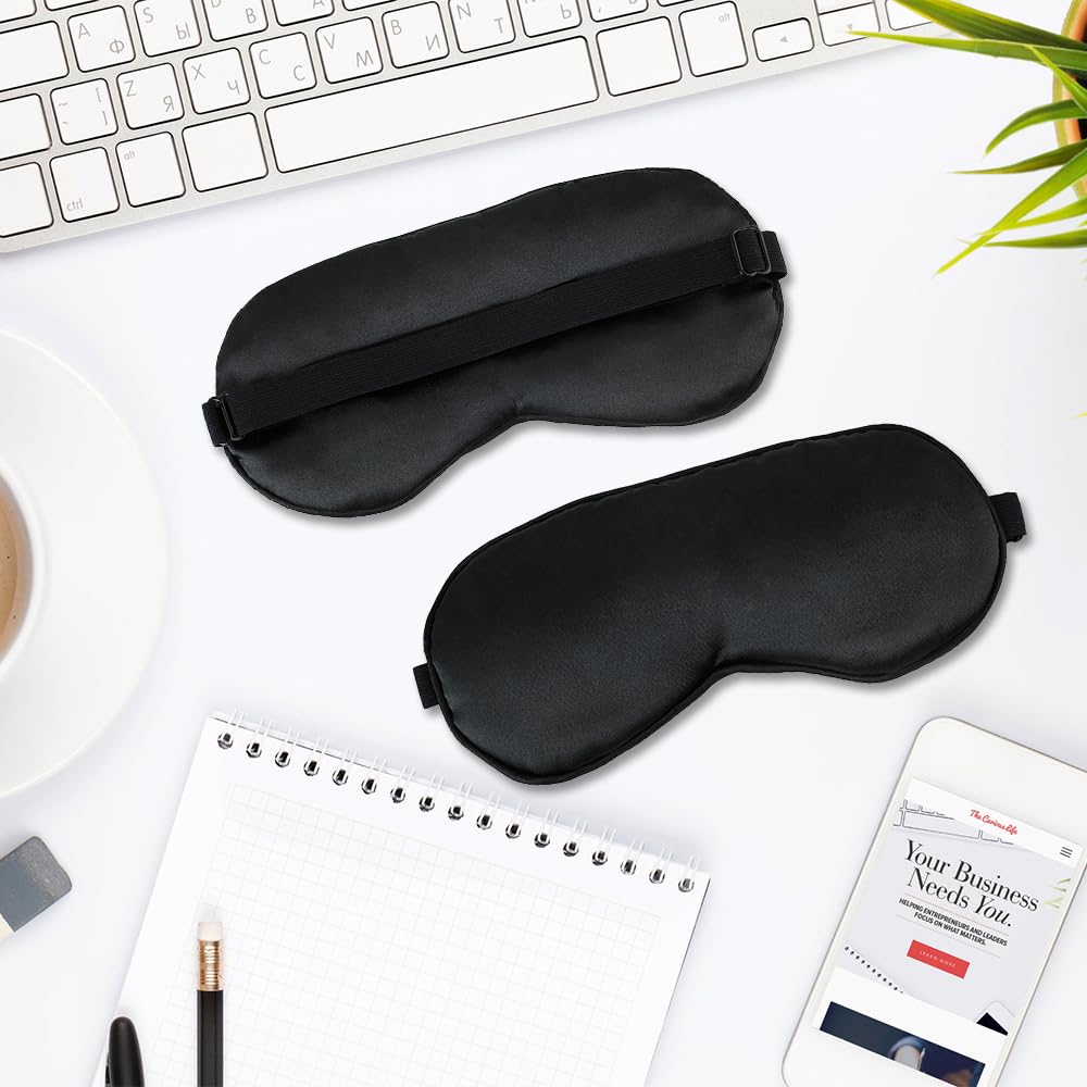 2 PCS Black Satin Sleep Masks, Adjustable Silk Eye Mask for Sleeping, Blind Folds Soft Breathable Blindfold for Adults Couples Play Party Games Airplane Travel Essentials Eye Covers Patches Night Mask