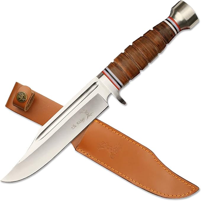 Elk Ridge - Outdoors Fixed Blade Knife - 12-in Overall, 6.25-in Stainless Steel Blade, Full Tang Knife, Leather Wrapped Ha...