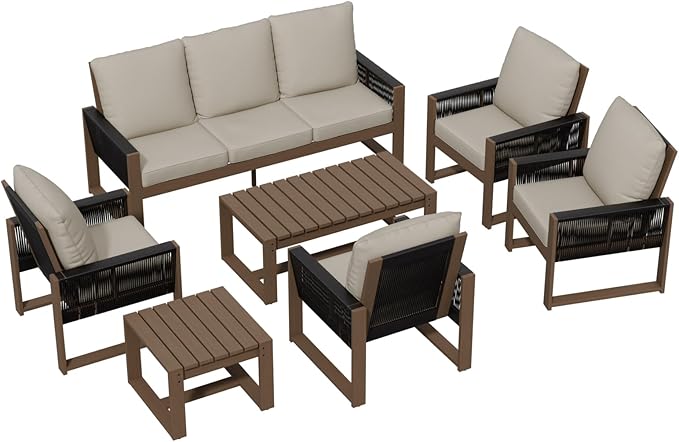 INTER HUT Rustic Hideaway Natural Cedar Wood Outdoor Furniture Set, Wicker Patio Conversation Set for Porch Garden Backyard, Couch, 4 Patio Chairs, Tables, 7 Piece, Brownish/Beige