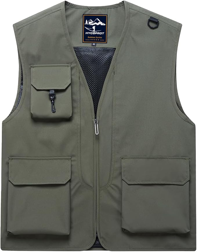 HYCOPROT Men’s Outdoor Fishing Vest, Lightweight Waterproof Sleeveless Utility Cargo Jacket for Hiking Hunting