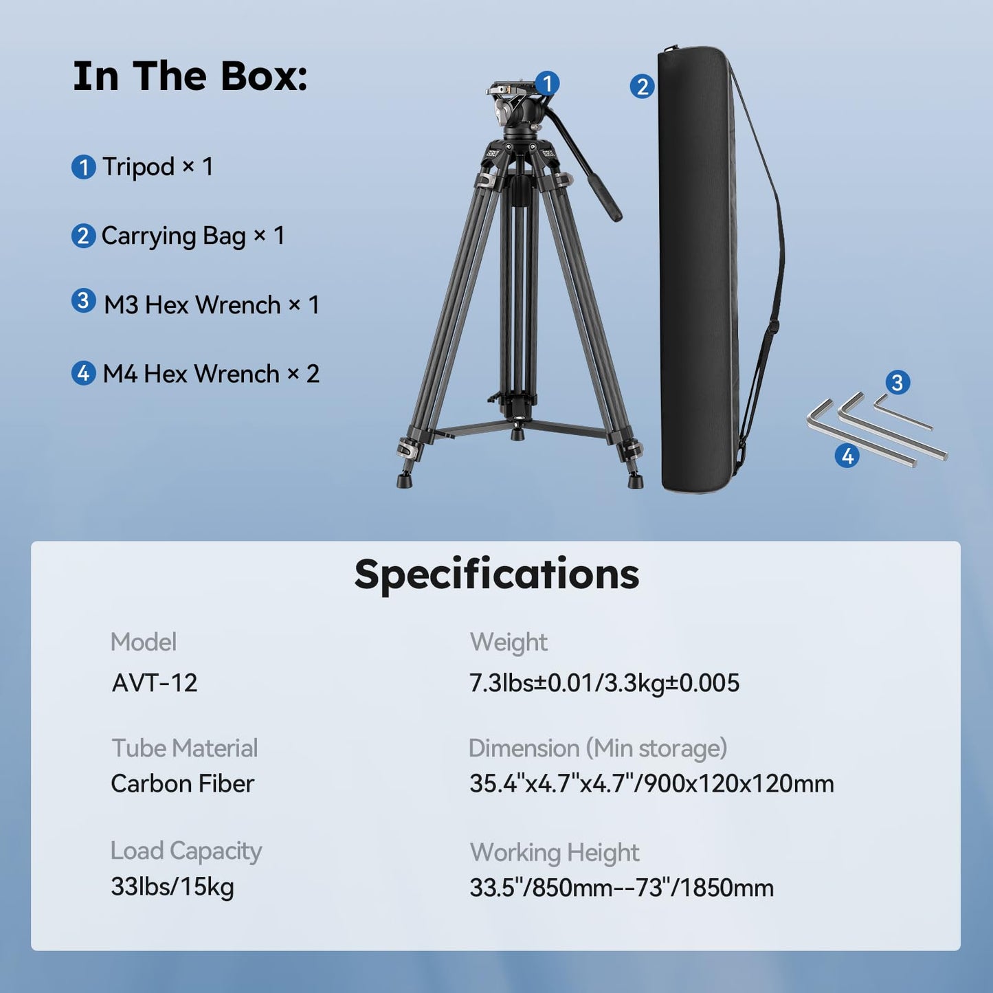 SIRUI Quick Release Carbon Fiber Video Tripod, 73" Heavy Duty Tripod with Fluid Head and One-Step QR Plate Locking System, Professional for DSLR Cameras Camcorders, Max Load 33lbs / 15kg, AVT-12