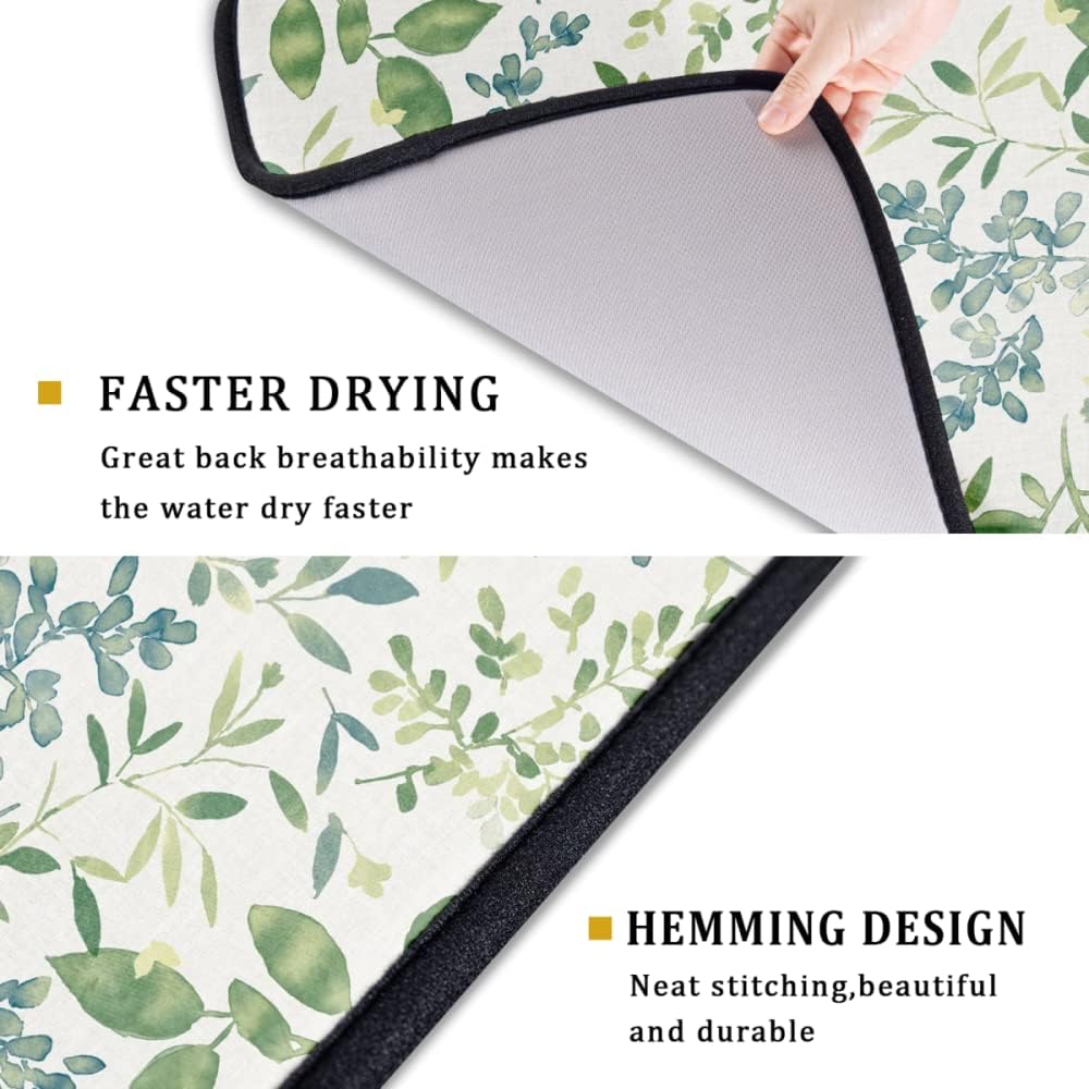 Green Leaves Branches Dish Drying Mat for Kitchen Counter 18x24 Inch Washable Microfiber Drying Mat Spring Floral Absorbent Drying Pad with Hanging Loop for Home Coffee Bar Decoration