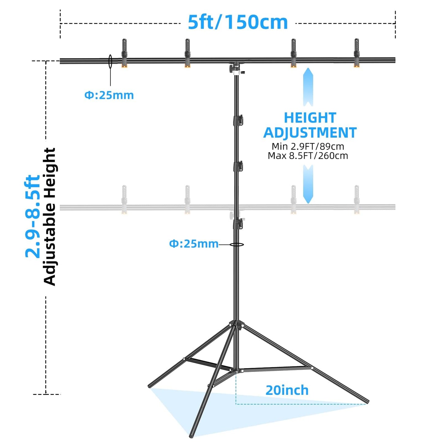 EMART 8.5 x 5ft Portable T-Shape Backdrop Stand Kit with Adjustable Frame, 4 Spring Clamps & Carry Bag for Parties, Photography, Video, and Studio Background Support