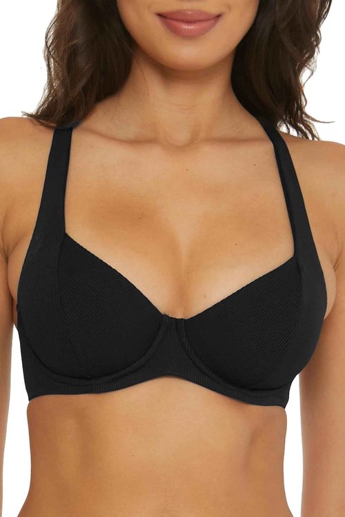 Becca by Rebecca Virtue Women's Standard Modern Edge Underwire Bikini Top, Adjustable, Tie Back, Swimwear Separates, Black